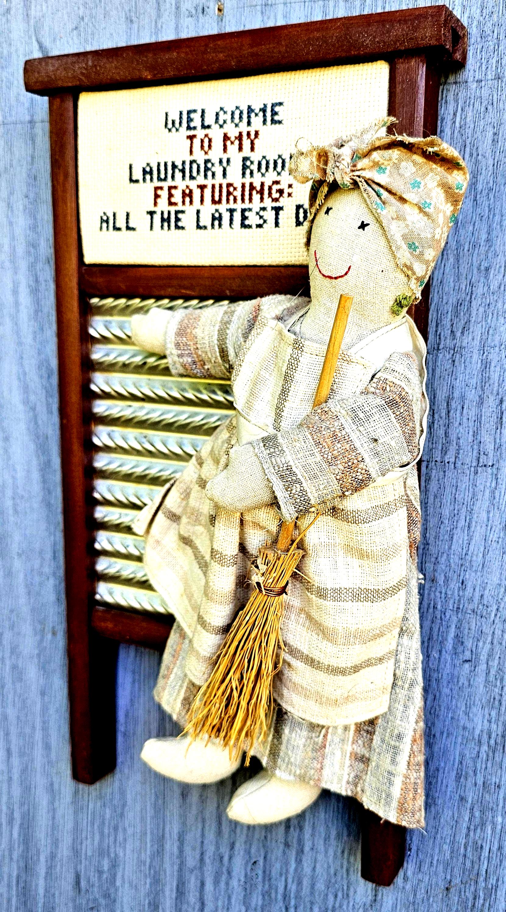 Vintage Laundry Room Decor: Maid Doll, Washboard, Cross Stitch