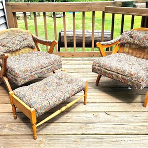 Patio Set Wood Cane Two Chairs Footstool Ottoman NOT 1.00 SHIPPING Deck Furniture Porch Three Pieces   1263