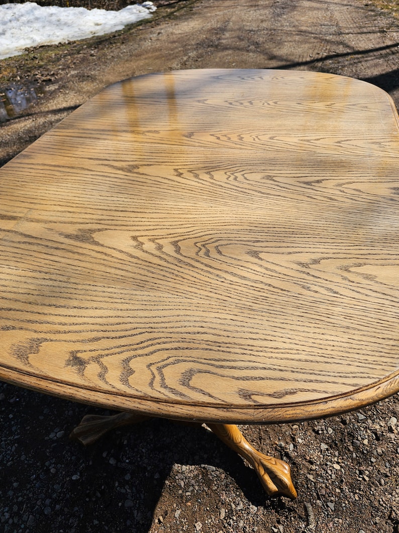 Oak Dining Table Two Leaves Pedestal Turned Heavy Posts Claw Etsy