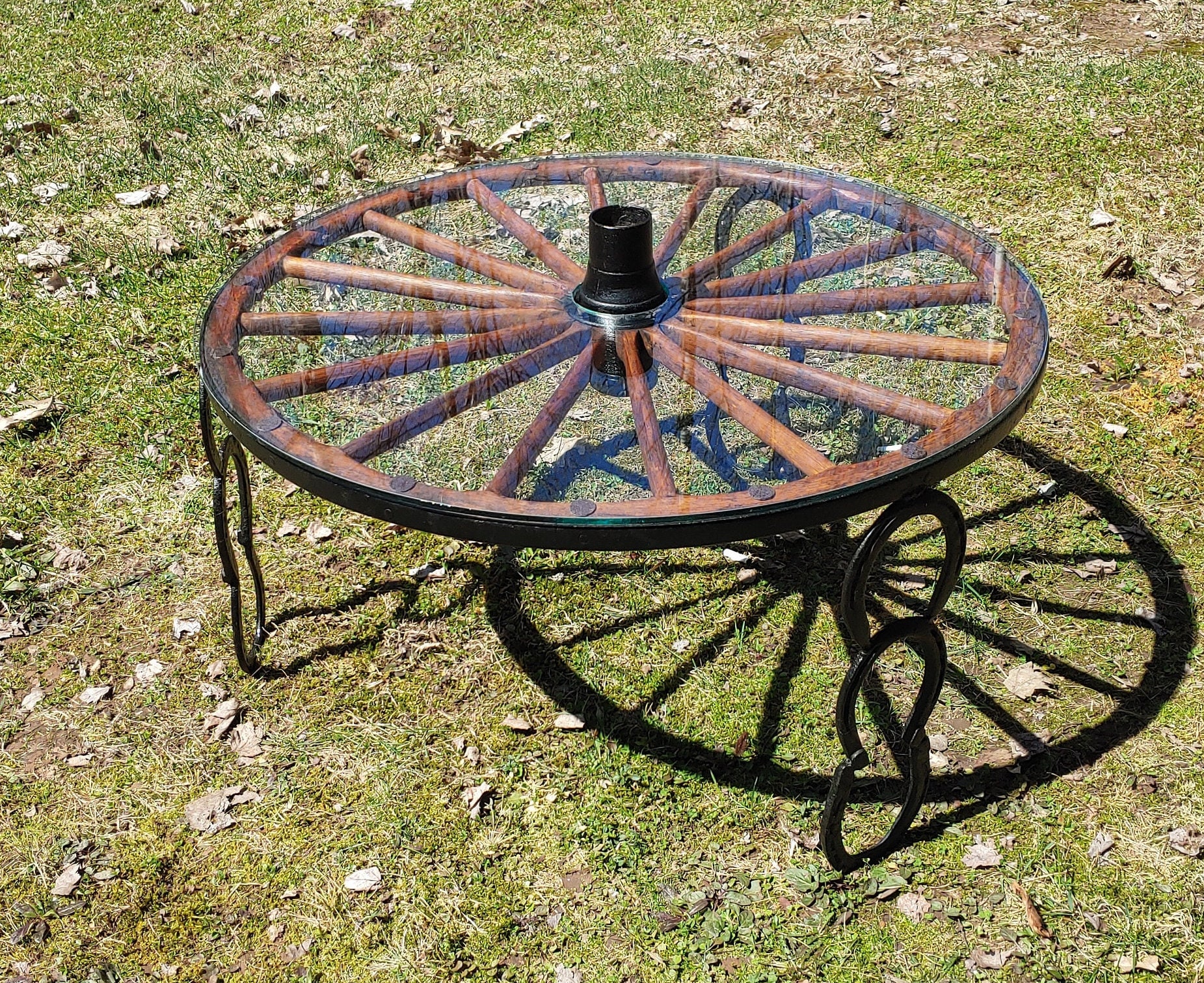 Wagon Wheel Coffee Table Antique 100 Year Old Handmade Vintage Glass