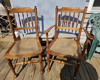 Vintage White Painted Dining Chairs - Spindle Back, Padded Seat