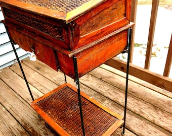 Antique Rattan Portable Case NOT 1.00 SHIPPING Early 1900&#39;s Unique Storage With Drawer Rattan French    588