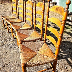 Antique Ladder-Back Dining Chairs NOT 1.00 SHIPPING Rush Seat  L. Hitchcock Stencil Decorated Very Good Condition Turned Spindles 1896
