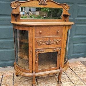 Antique Carved Oak Curio Cabinet: Tiger Oak Glass Display ~ 1911