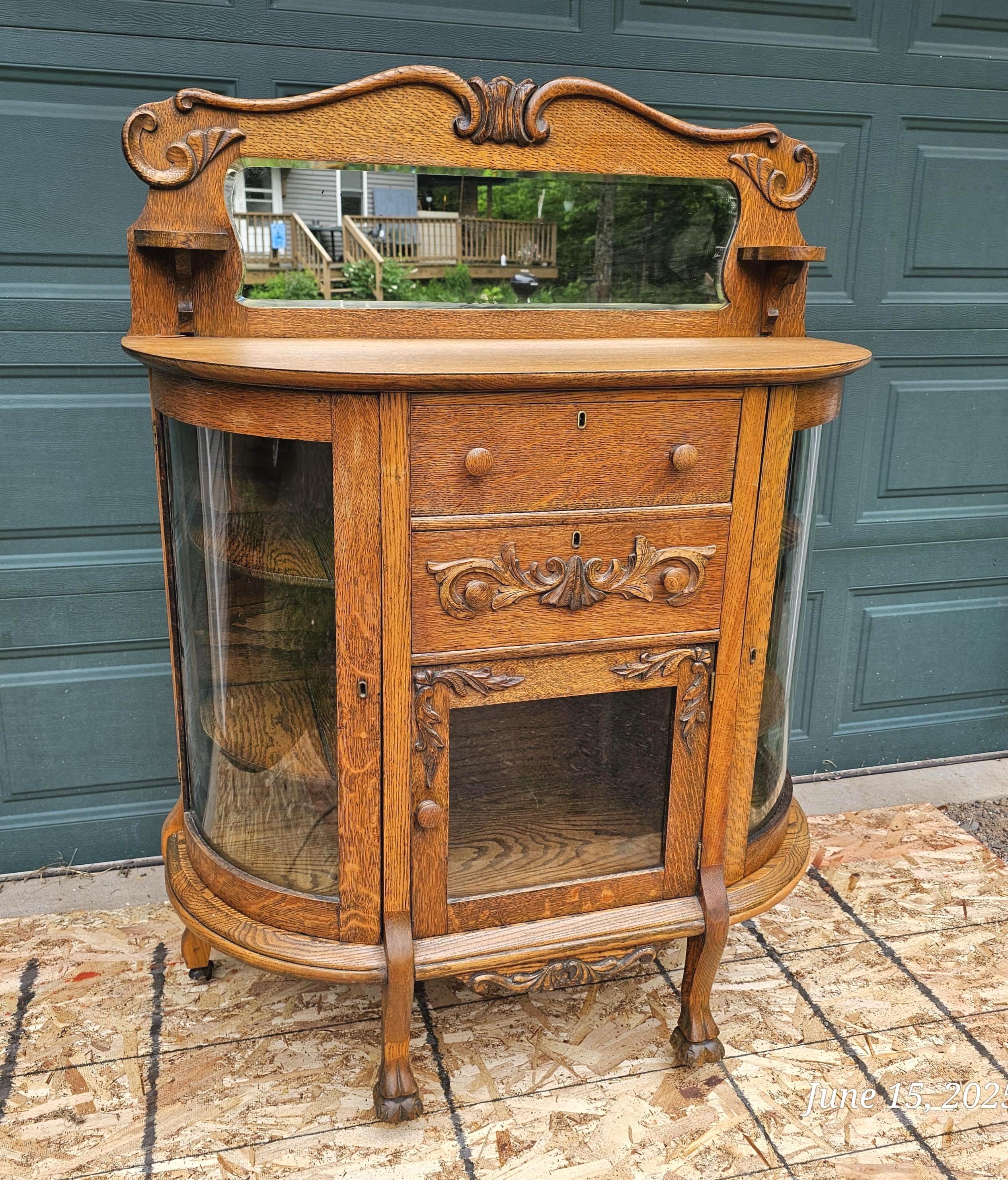 Antique Carved Oak Glass Cabinet NOT 1.00 SHIPPING Sideboard Curio Display Buffet Dining Living Room Furniture  1911