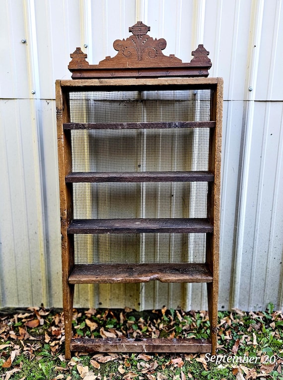 Vintage Farmhouse Wood Shelf Unit: Carved Pediment, Hardware Cloth