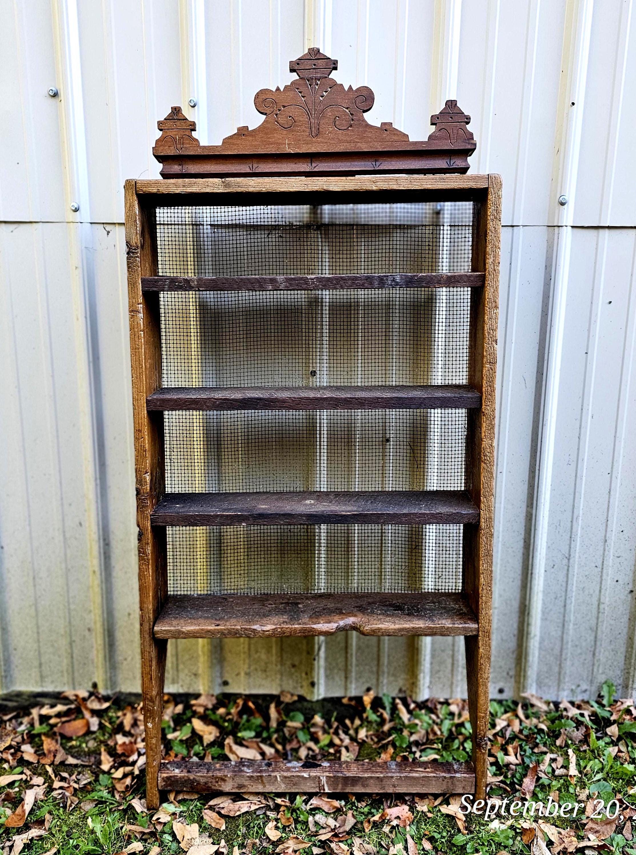 Vintage Farmhouse Wood Shelf Unit: Carved Pediment, Hardware Cloth