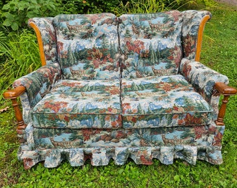 Wood Trimmed Loveseat Rocker Wildlife Animals Used Worn Newer Upholstery Vintage NOT 1.00 SHIPPING  1309