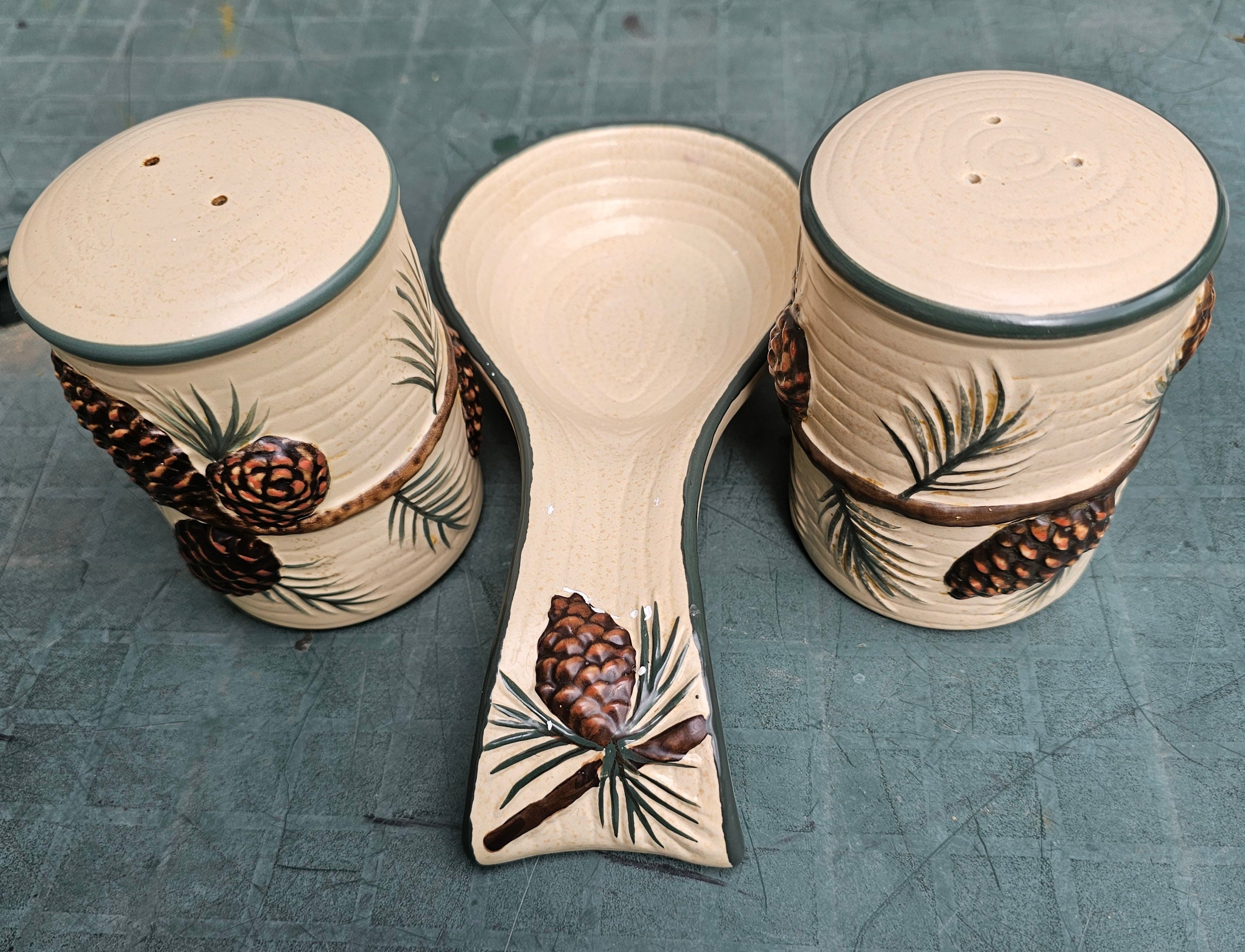 Seven Piece Vintage Pine Cone Canister Set Three Canisters