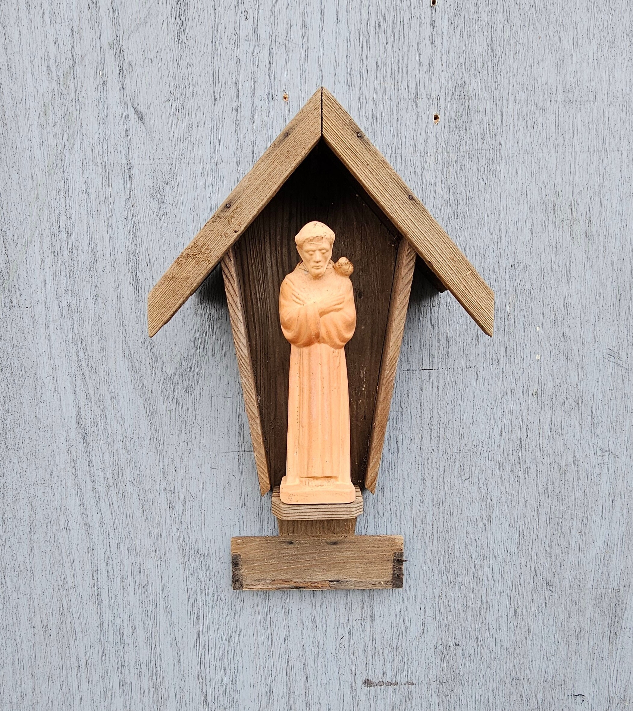 Vintage Religious Wall Hanging Terra Cotta Aged Statue Cypress