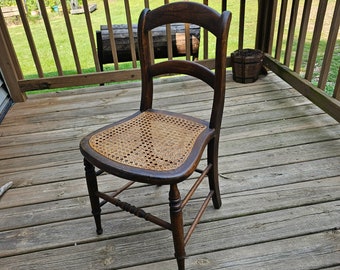 Antique Wood Ladder Back Cane Seat Dining Side Chair Horseshoe Shaped Dark Walnut  NOT 1.00 SHIPPING 1286