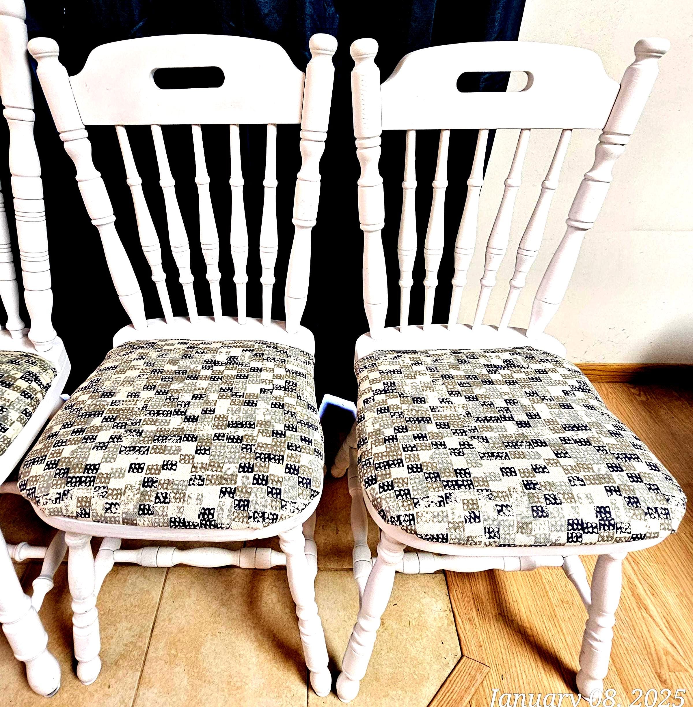 Vintage White Painted Dining Chairs - Spindle Back, Padded Seat