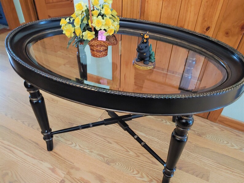 Vintage Hekman Oval Coffee Table Glass Top Black Lacquer Etsy