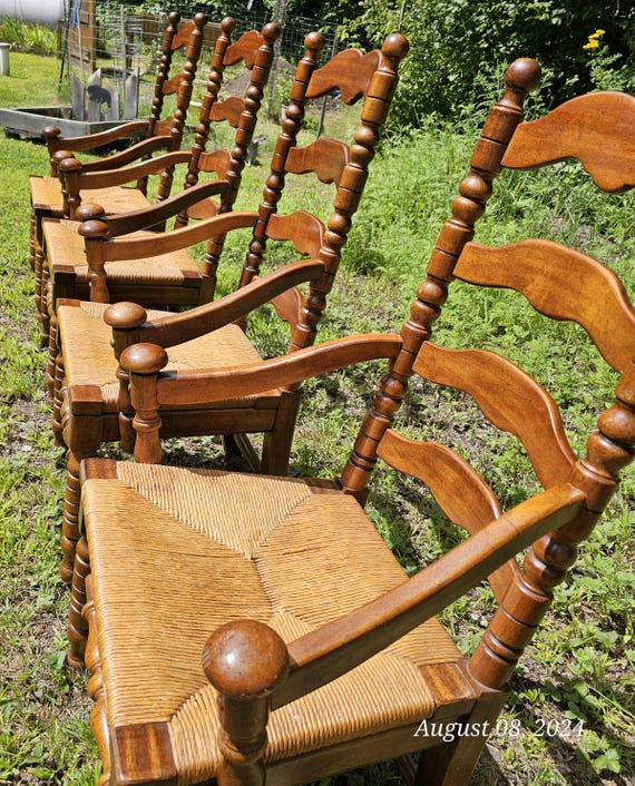 Set Of 6 Antique French Country Carved Oak Ladder Back Dining Chair Rush Seat