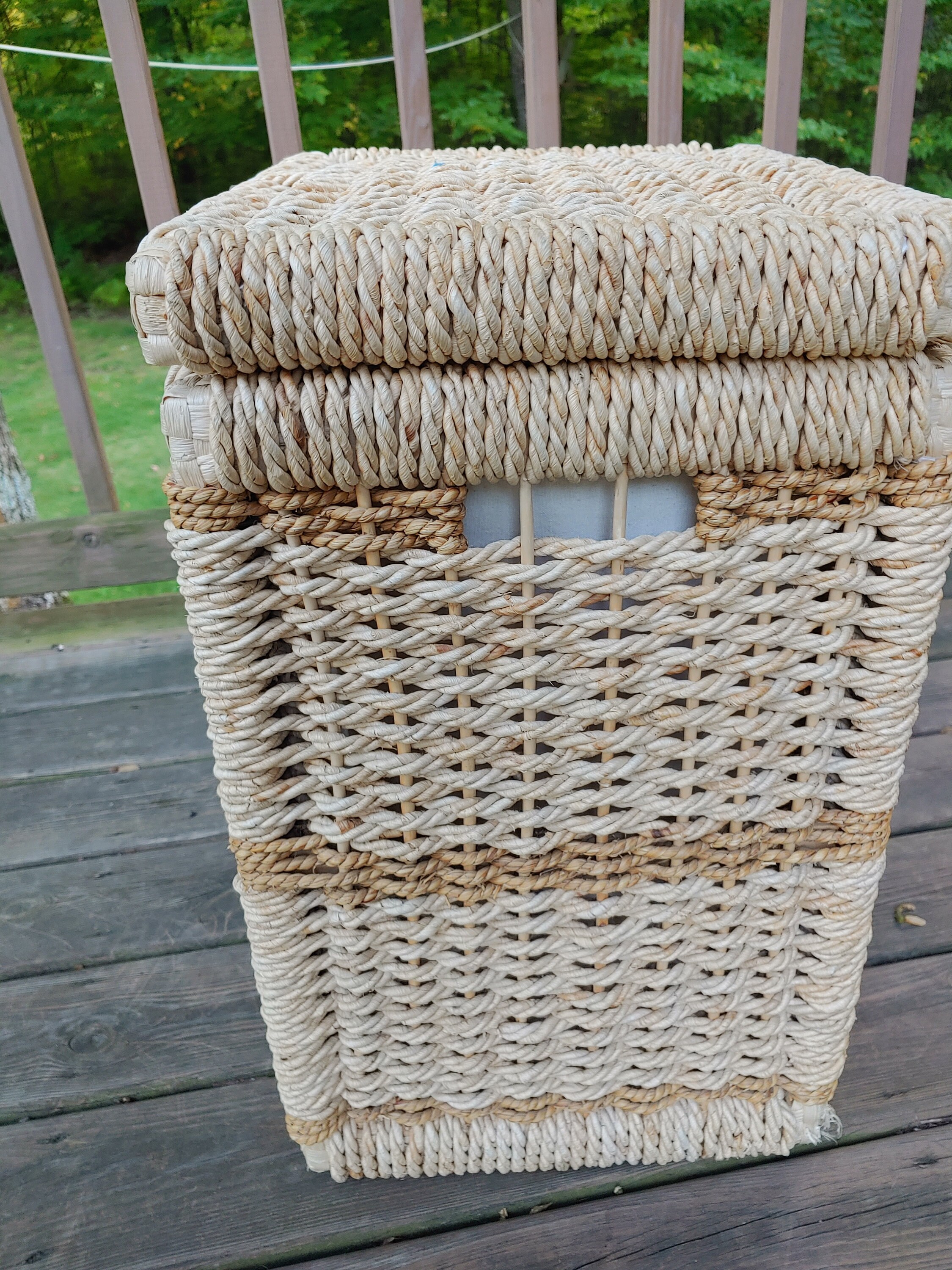Vintage Rattan Rope Hamper Lift up Cover Liner Unique Style Woven