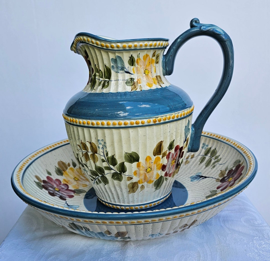 Tabletops Unlimited Serving Bowl and Pitcher Farmhouse Villa Flora