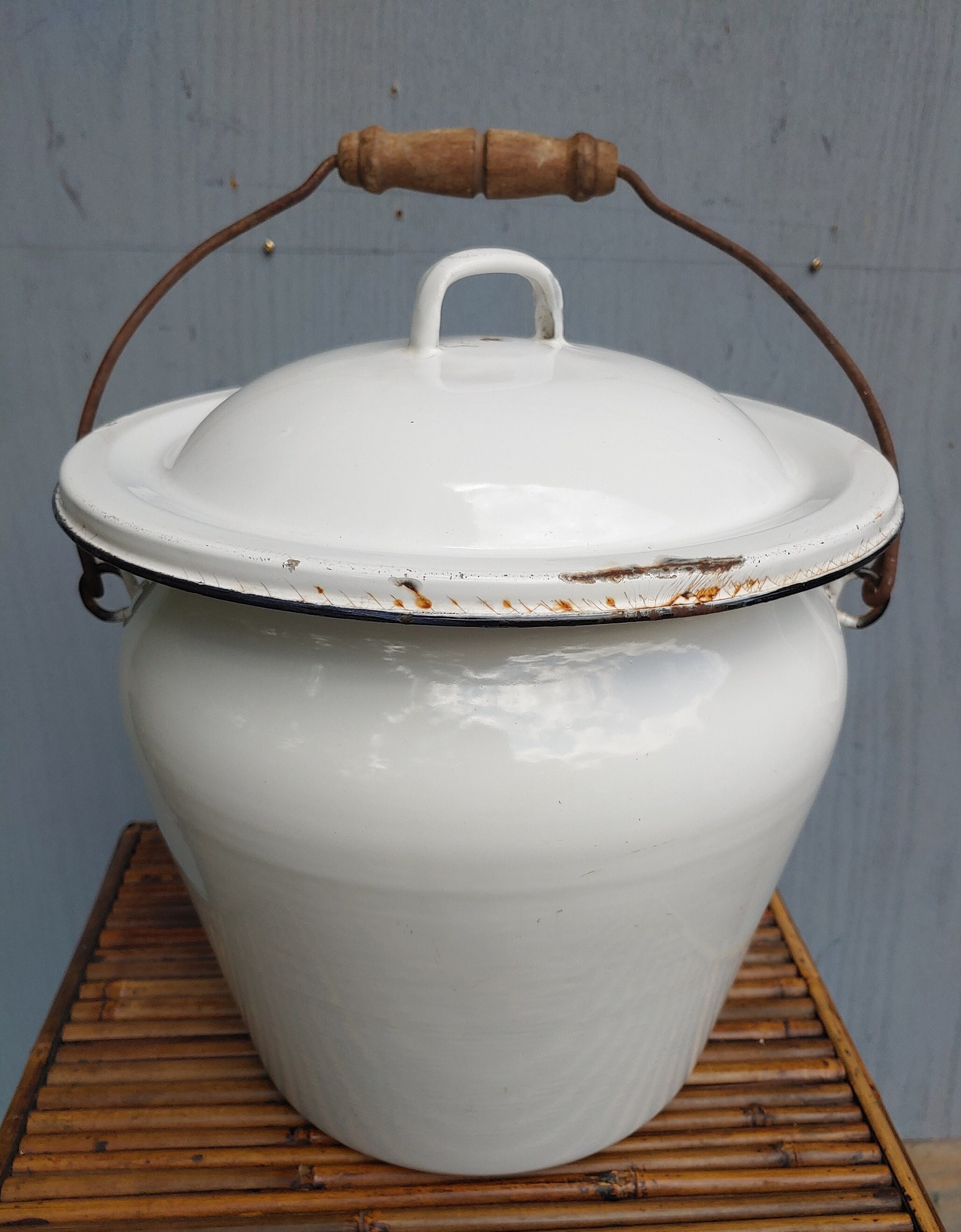 Antique Chamber Pot and Cover White With Black Rim Vintage Etsy