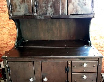 Hardwood Hoosier Hutch: Vintage Kitchen Cabinet Farmhouse Buffet Step-back ~ 699