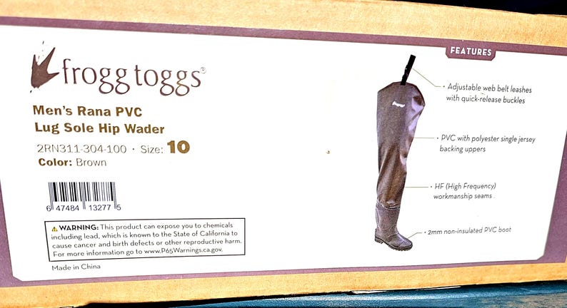 May include: Brown Frogg Toggs Rana PVC Lug Sole Hip Wader, size 10. Features include adjustable web belt leashes with quick-release buckles, PVC with polyester uppers, and 2mm non-insulated PVC boot. Made in China.