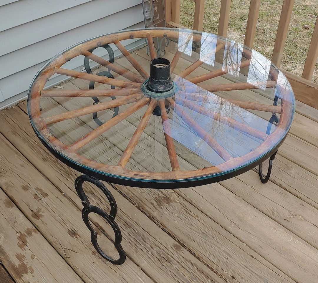 Wagon Wheel Coffee Table Antique 100 Year Old Handmade Vintage Glass