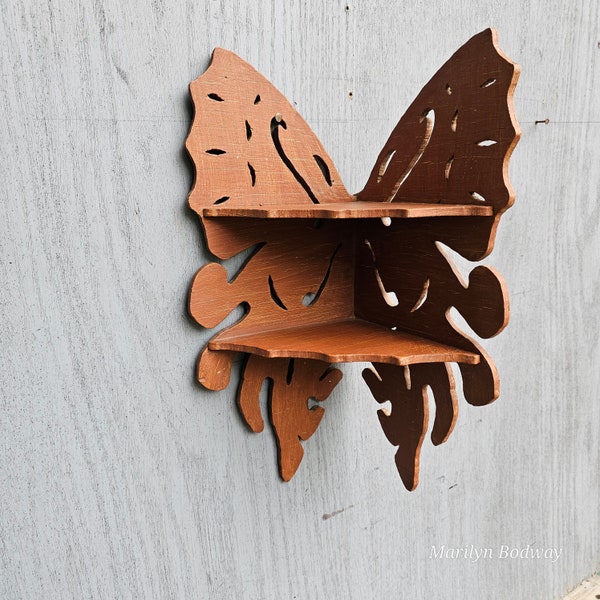Wood Corner Butterfly Shelf Wall Hanging Knick-Knacks Two Shelves Photos Unique  1308