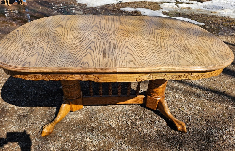 Oak Dining Table Two Leaves Pedestal Turned Heavy Posts Claw Etsy