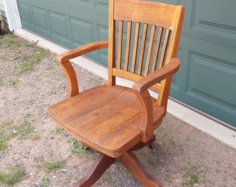Vintage Wood Oak Bankers Chair SHIPPING NOT 1.00 Swivel Tilt Arm Desk Adjustable Wooden Office Chair w/Casters Lawyer School Stamp 188   698