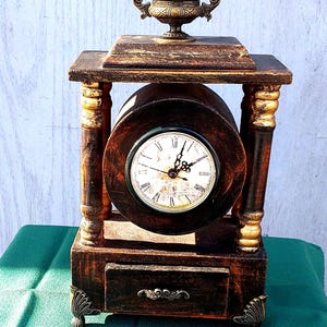 Vintage Privilege International Wood Clock: Ornate Gold Accent Mantle Clock ~ 1113