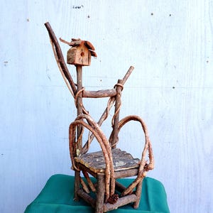 Vintage Bentwood Chair Birdhouse Nesting Platform Animals Handmade Willow Doll Sized Decoration  840