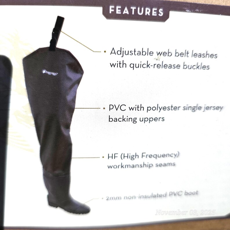 May include: Black waders with adjustable web belt leashes and quick-release buckles. Features PVC with polyester single jersey backing uppers and HF (High Frequency) workmanship seams. The boot is 2mm non-insulated PVC.