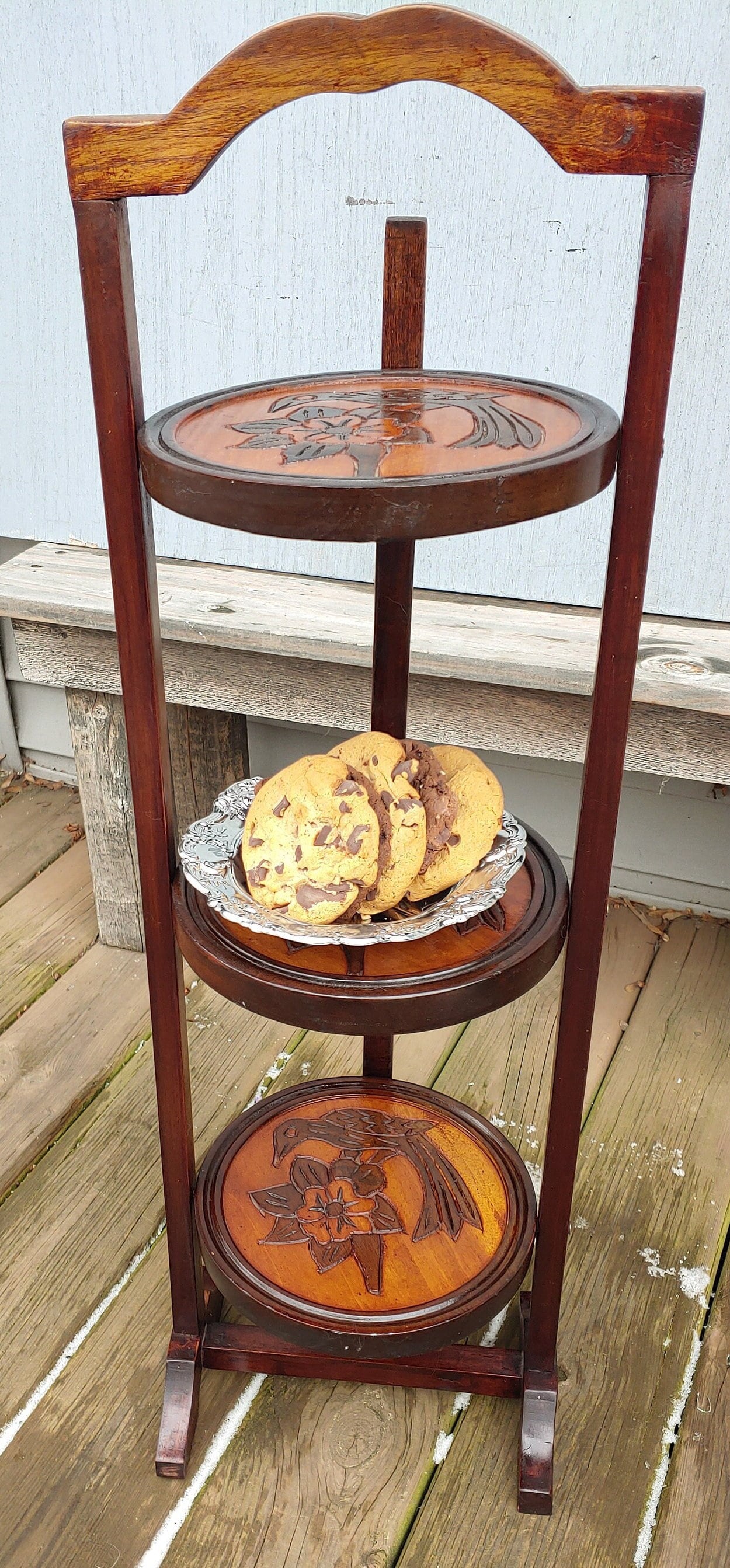 Vintage Mahogany Pie Stand: Hand-carved Three-tier Dessert Display
