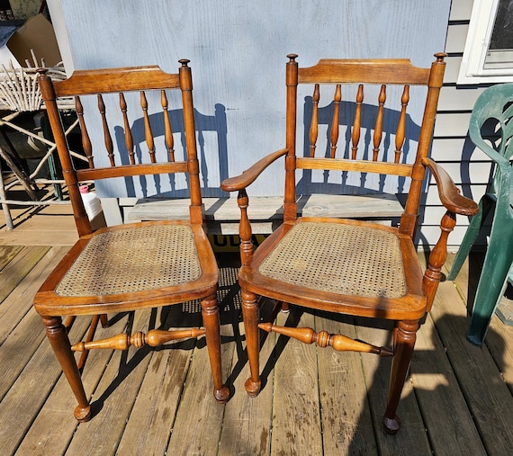 2 Vintage Used Cane Seat Chairs 1 Arm Dining 1 Straight Back Dining  Colonial Spindle Back Queen Anne Style NOT 1.00 SHIPPING 1200 