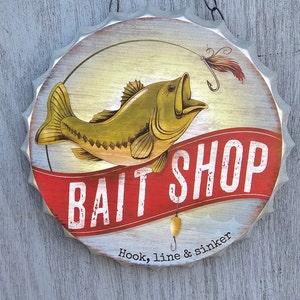Bottle Cap Bait Shop Sign: Vintage Wall Hanging Fishing Decor Metal ...