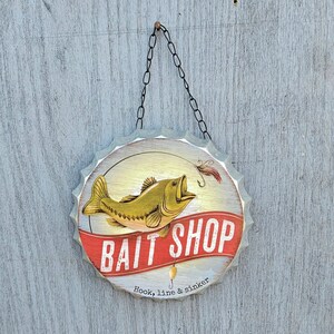 Bottle Cap Bait Shop Sign: Vintage Wall Hanging Fishing Decor Metal ...