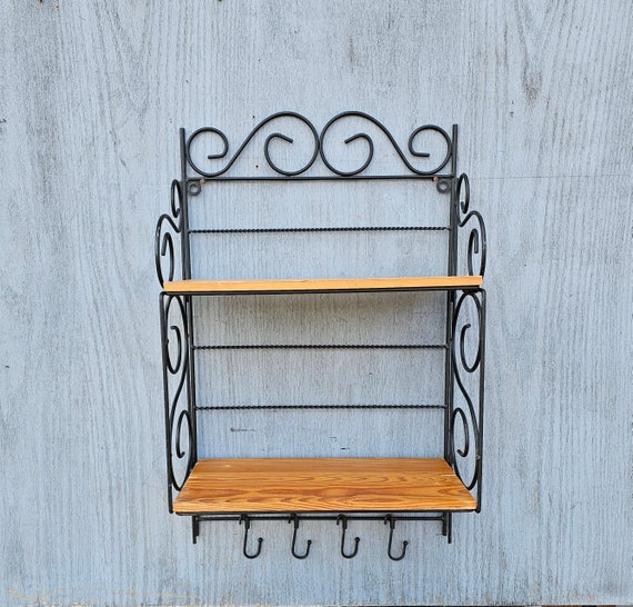 リビング収納 wood iron shelf 375*910*300 Wood Iron Scroll-work Shelf Two Shelves Pot Holder Hooks Kitchen