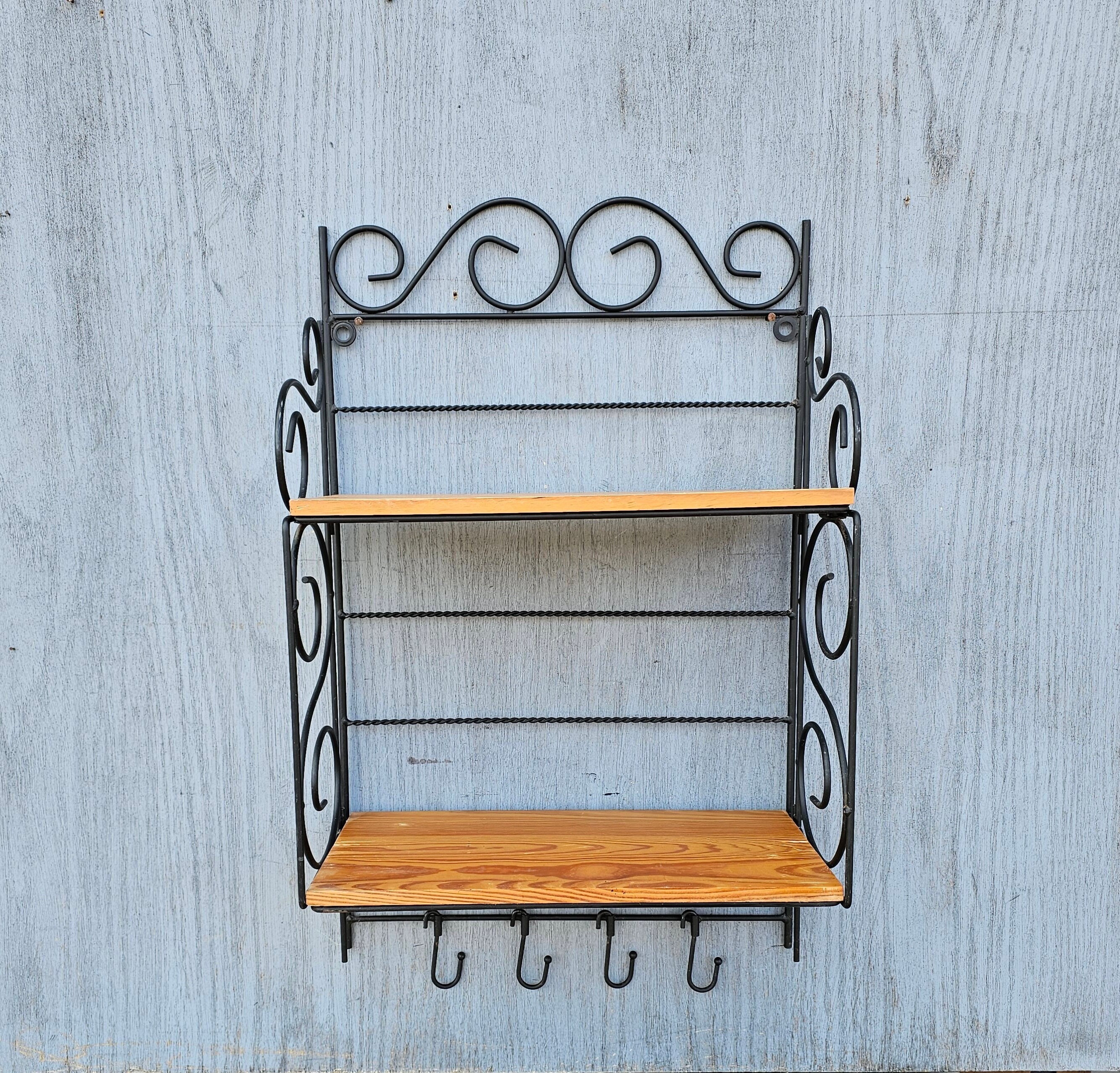 Wood Iron Scroll-work Shelf Two Shelves Pot Holder Hooks Kitchen