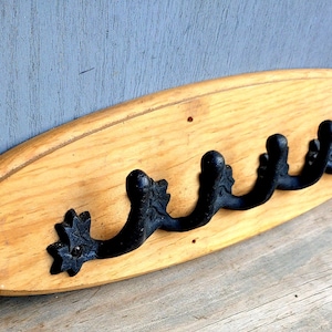 Vintage Wood Cast Iron Hat Rack: Entryway Organizer with Leaf Hooks ~ 860