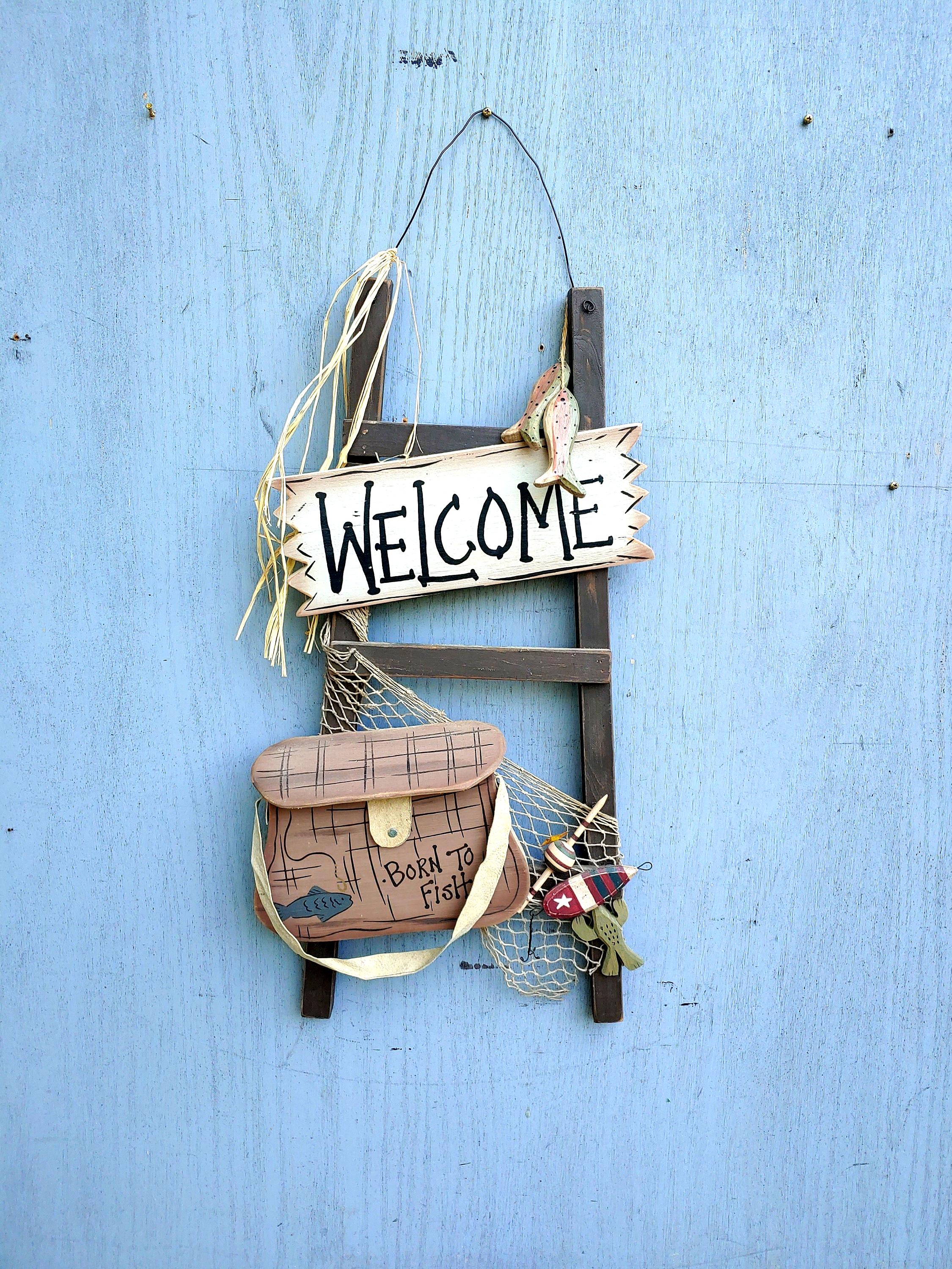 Vintage Fishing Welcome Sign: Wood Creel, Bobber, Lure Decor ~ 929