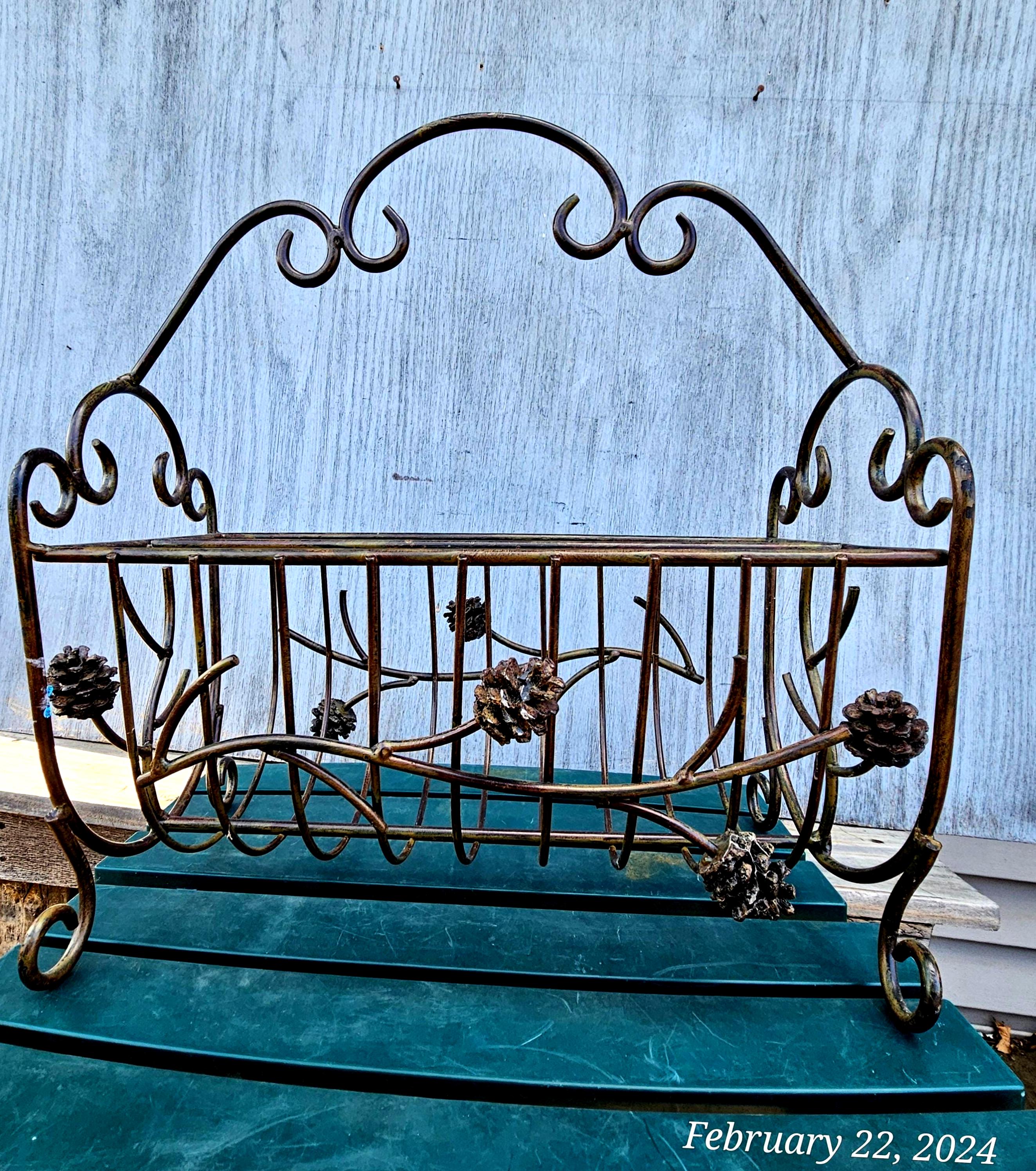 Wrought Iron Vintage Magazine Rack Scroll Work Pine Cones Branches