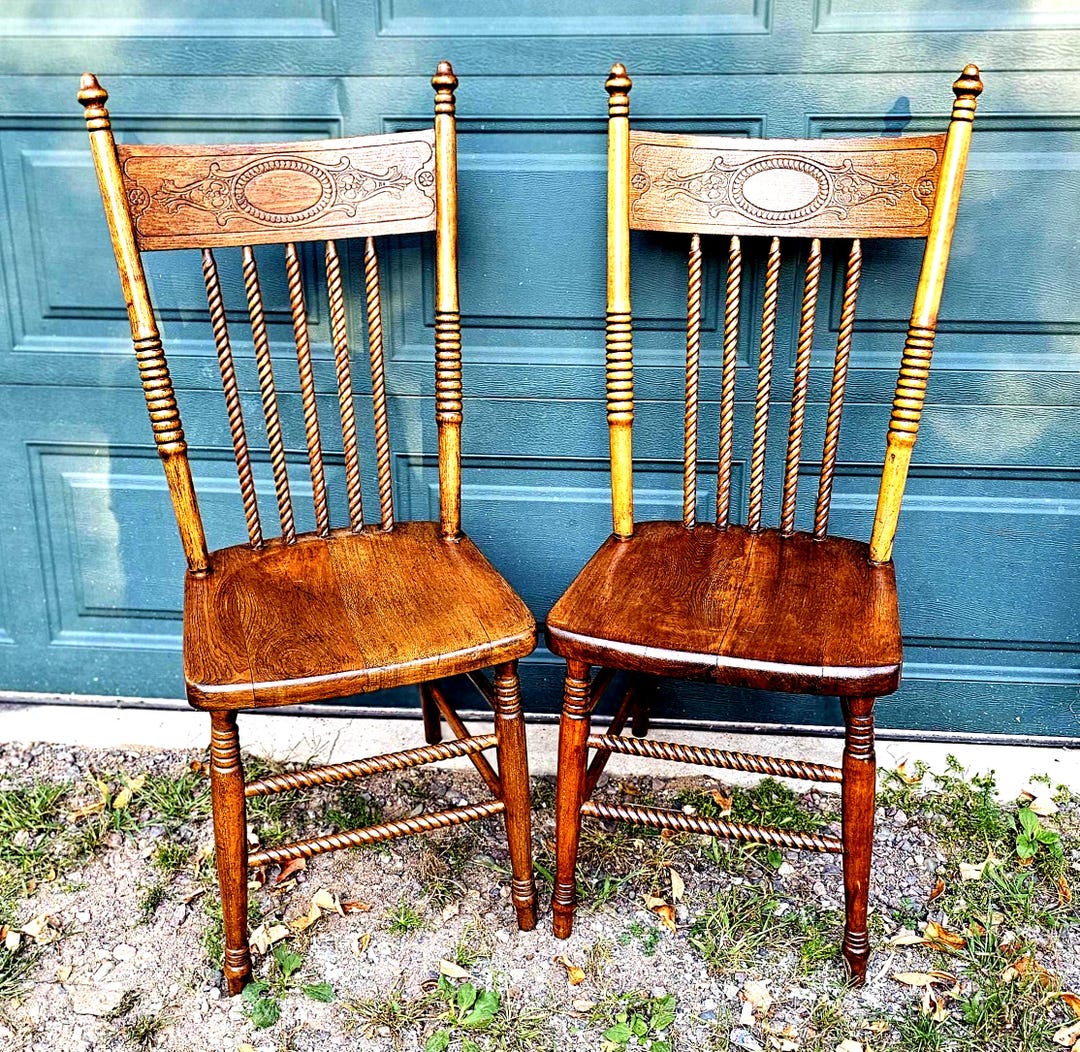Vintage Solid Oak Dining Chairs Press Back Spindle Design Set