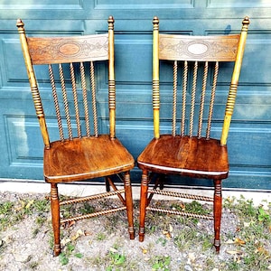 Vintage Solid Oak Dining Chairs - Press Back Spindle Design - Set of 2 ~ 1657