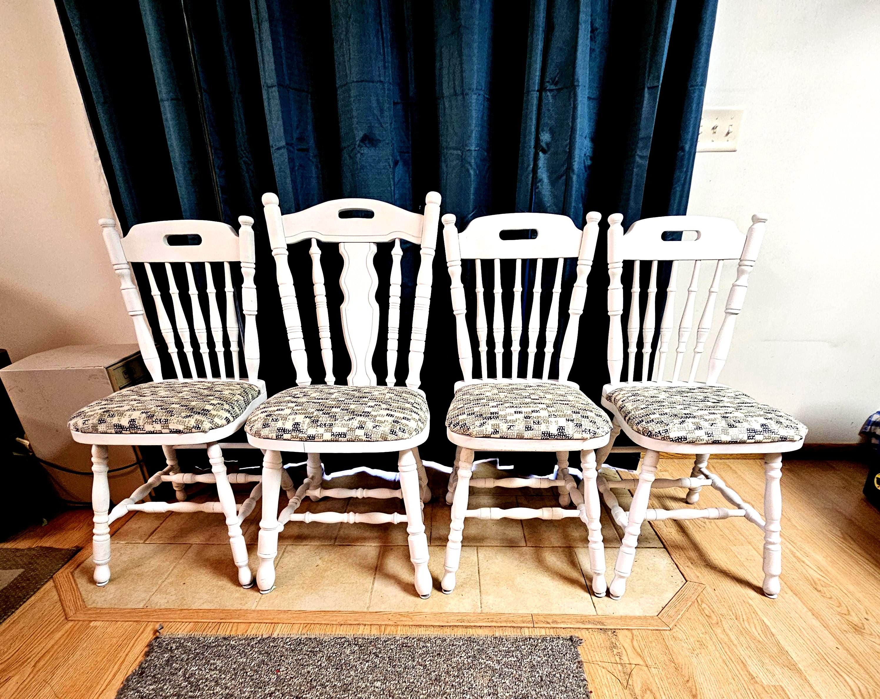 Vintage White Painted Dining Chairs - Spindle Back, Padded Seat
