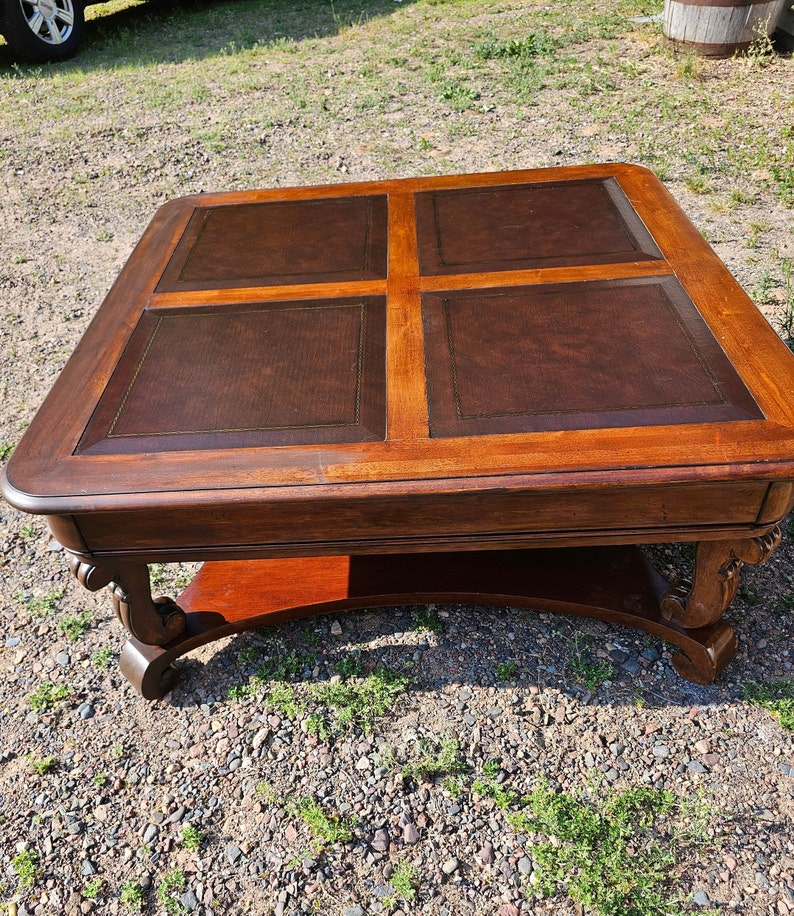 Square Coffee Table Bottom Shelf Dark Wood Four Leather Blocks Etsy