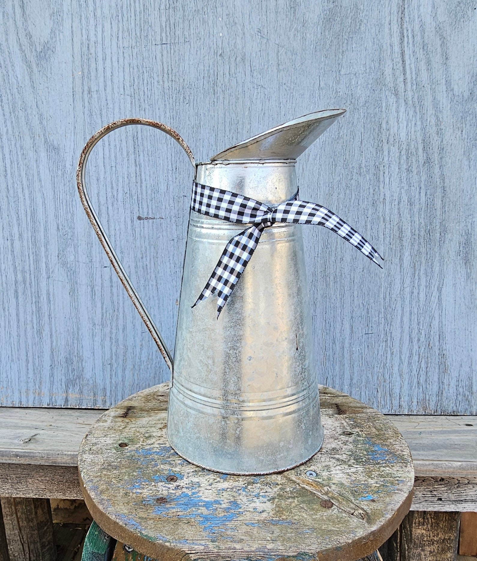 Vintage Galvanized Metal Pitcher: Rustic Farmhouse Vase With