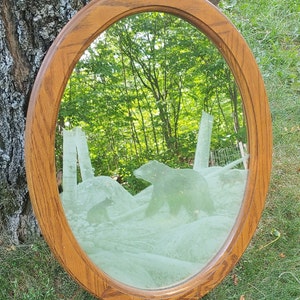 Vintage Etched Bear Oak Framed Wall Mirror Bedroom Entryway Man Cave Living Room Rustic Family Room or Den Home Wall Hanging 822