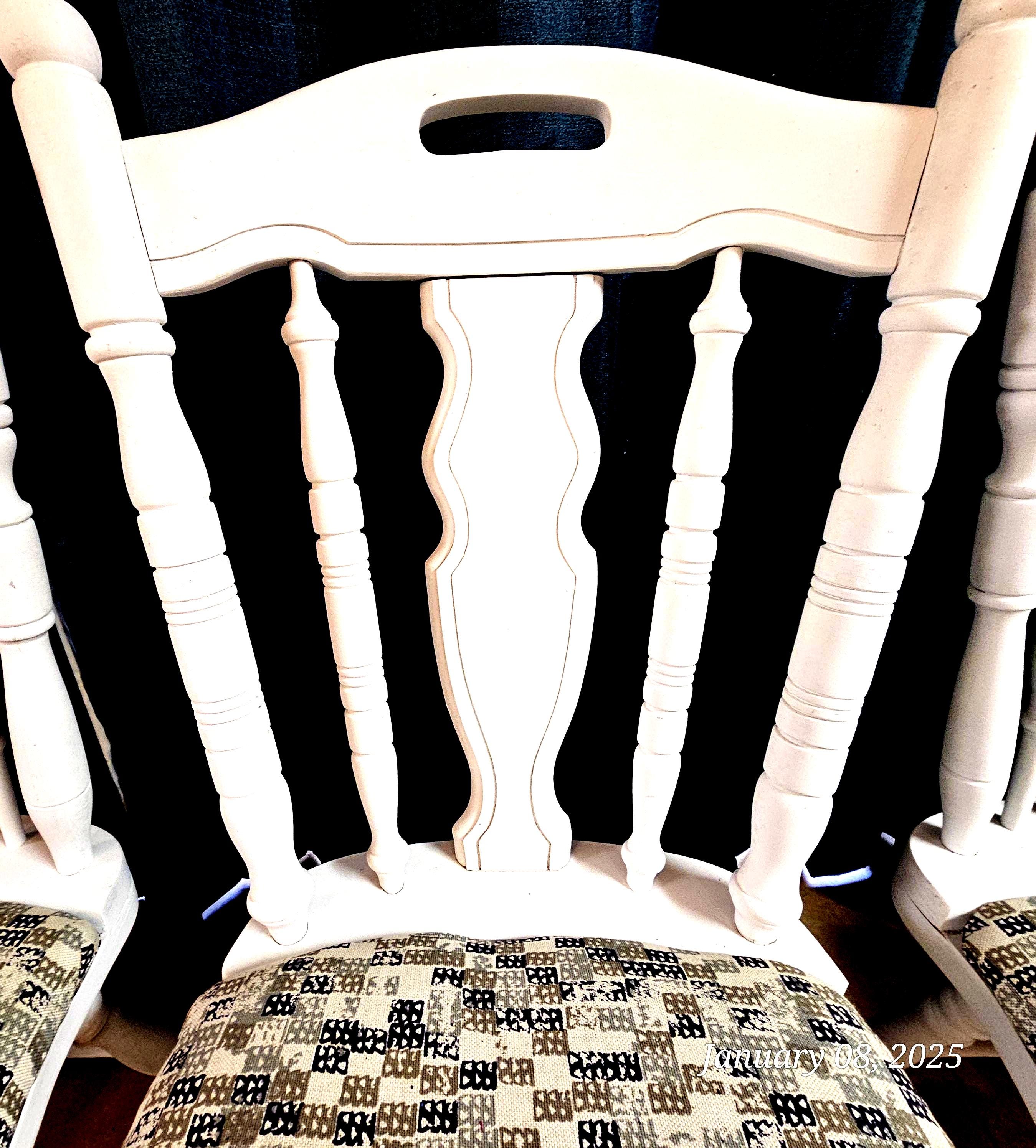 Vintage White Painted Dining Chairs - Spindle Back, Padded Seat