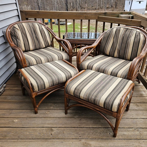 Patio Set Two Chairs Two Foot Rests One Glass Top Side Table Deck Furniture Porch Bamboo Construction  NOT 1.00 SHIPPING 1208