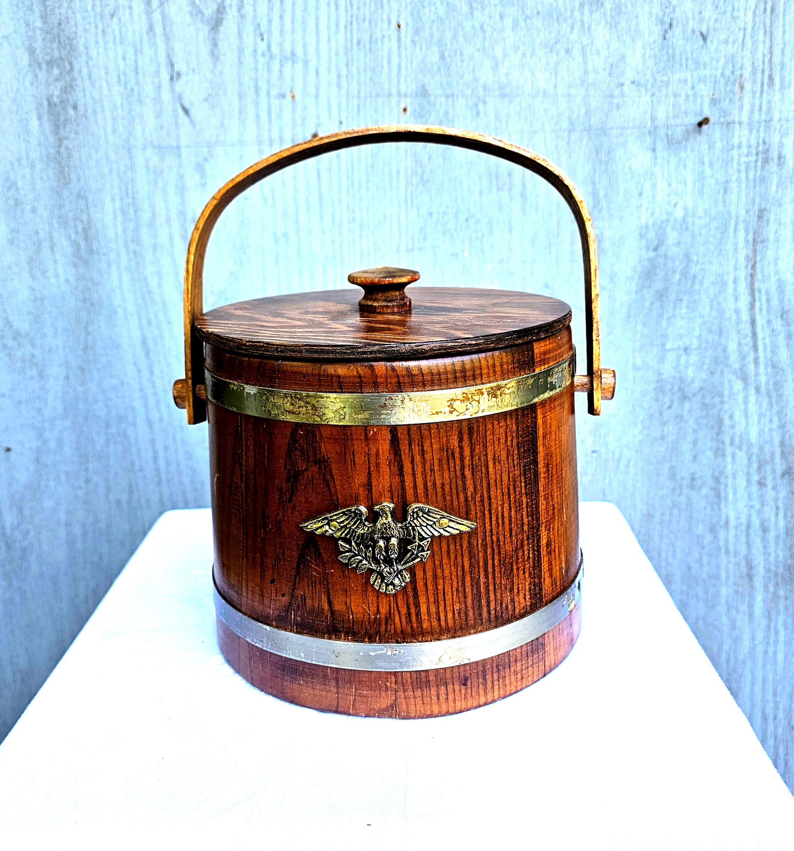 Vintage Wood Ice Bucket: Eagle Emblem Party Chiller, Made in USA 