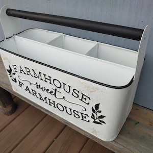 Enamel Picnic Caddy Metal Easter Decor Tote Kitchen Napkin Silverware Holder Gardening Flower Outdoor Planter Farmhouse Sweet Farmhouse  522