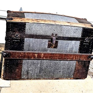 Vintage Domed Steamer Trunk: Embossed Metal & Oak, 1800s Storage ~ 1446